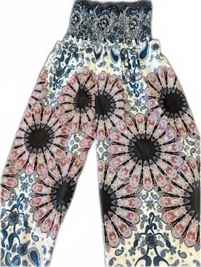 Boho Harem Jogger Pants Blue Floral Print